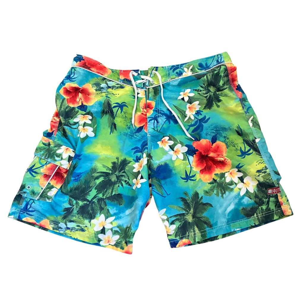 Solitude Mens Tropical‎ Hibiscus Palm Tree Board Shorts Blue Green Size 38